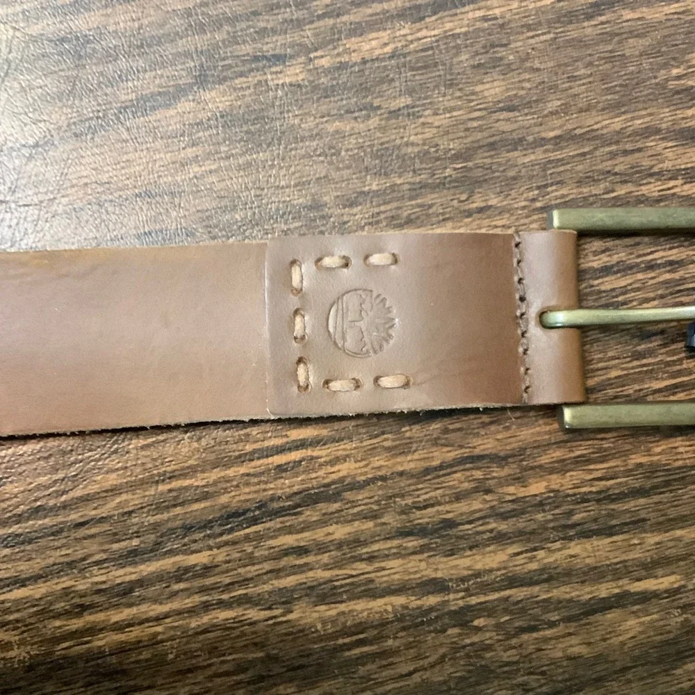 Timberland Mens Brown Genuine Leather Belt Brass Buckle Size 48‎